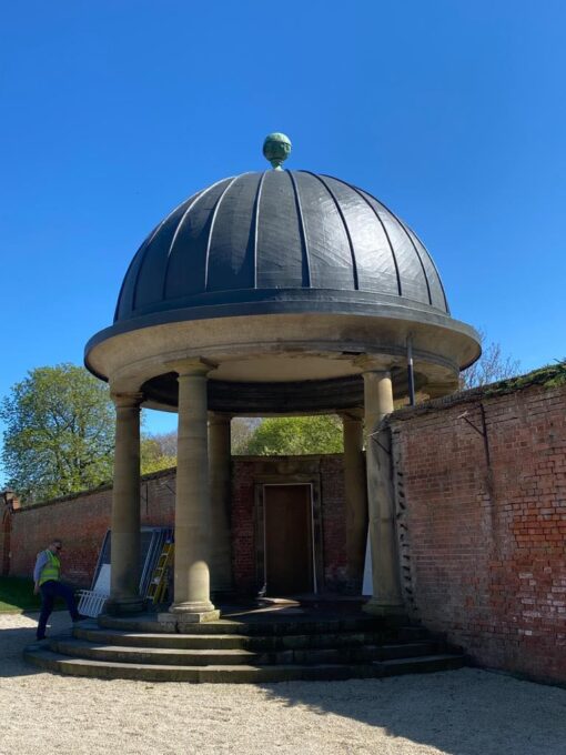 This is a photo of a feature dome building in a park in Hinckley that has had a new lead roof. This was done by Hinckley Roofing